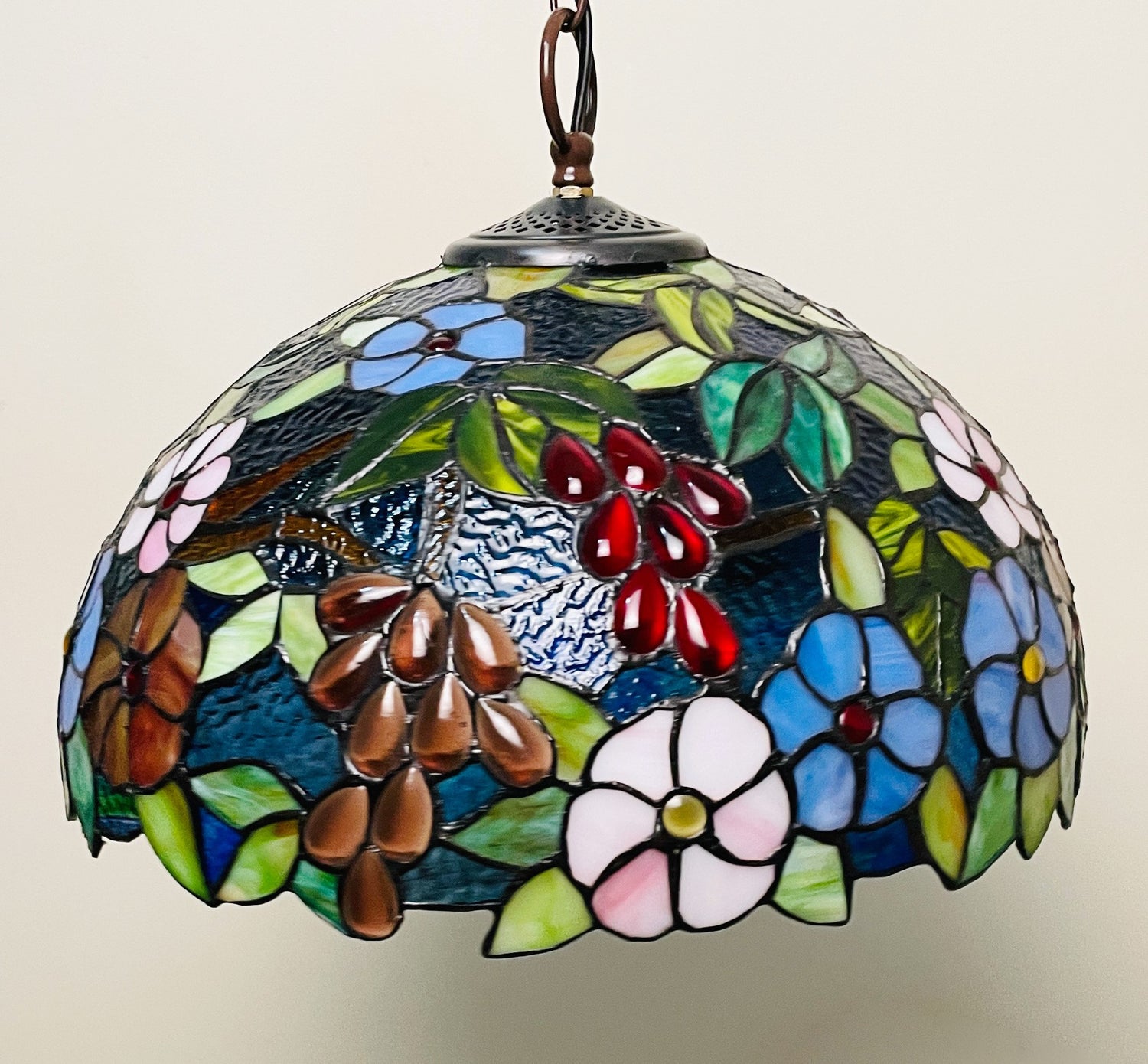 Tiffany Hanging Lamp 16in, Roses with Grapes Leadglass Stained Glass Crystal Bead Lampshade, Chandelier, Pendant Light, Dining Kitchen Lamp