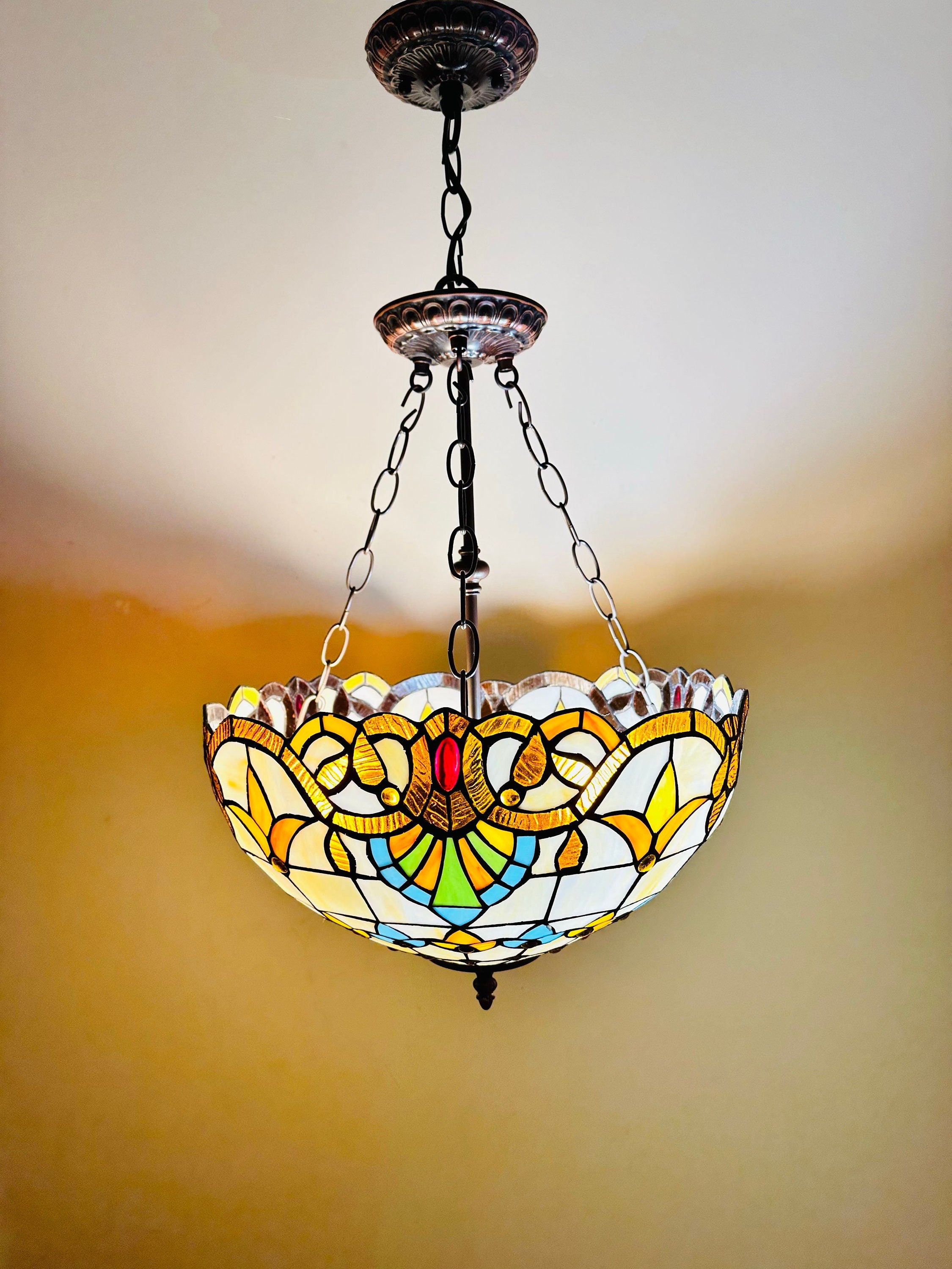 Crown Tiffany Inverted Lamp 16in, Leadglass Stained Glass Shade, Crystal Bead Lampshade, Chandelier, Pendant Light, Living Room Kitchen Lamp