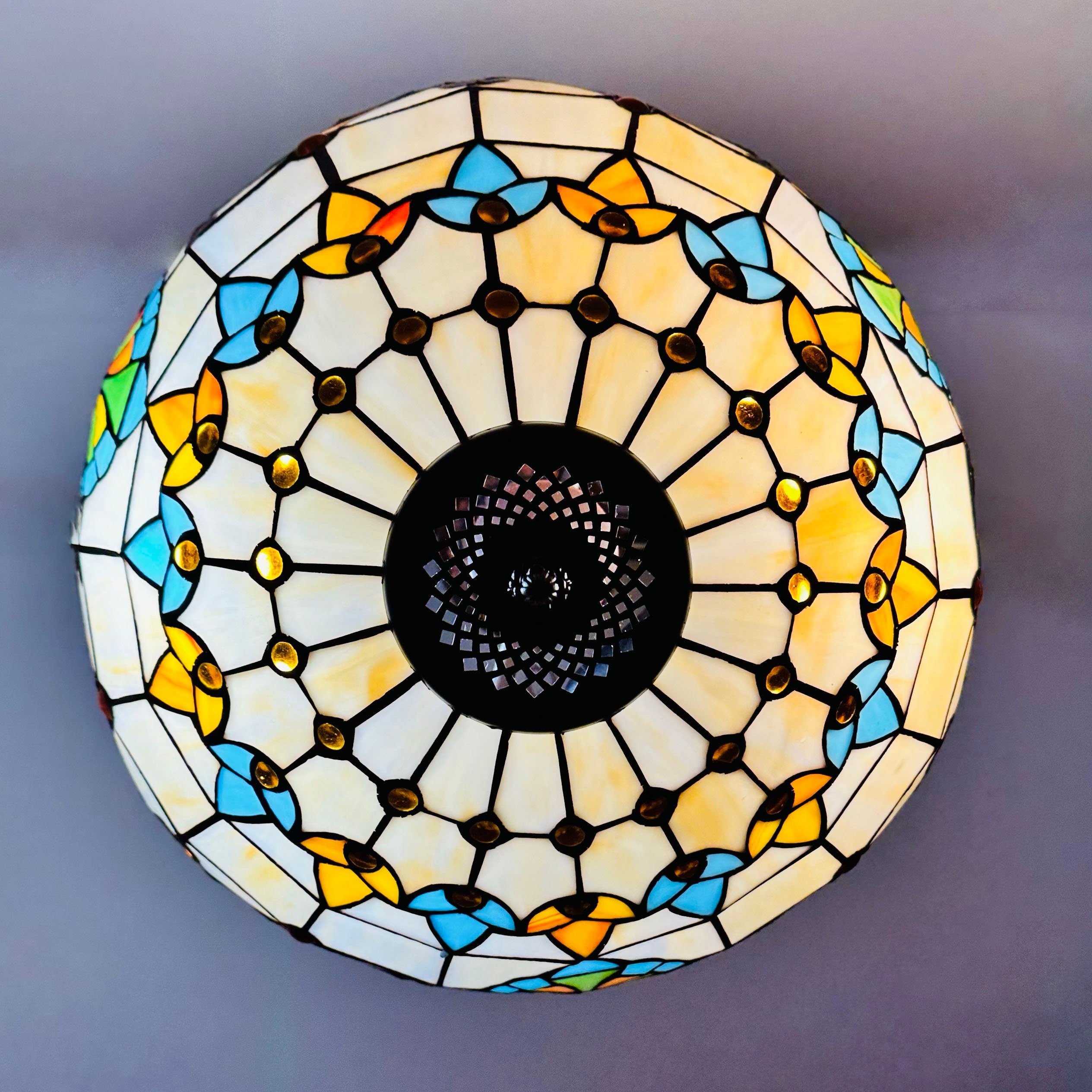 Crown Tiffany Inverted Lamp 16in, Leadglass Stained Glass Shade, Crystal Bead Lampshade, Chandelier, Pendant Light, Living Room Kitchen Lamp