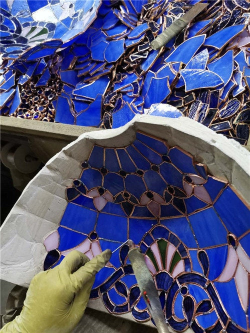 Sea Blue Tiffany Lamp, Dragonfly Style Lamp, Stained Glass, Crystal Bead Lampshade, Stained Glass Lamp Shade, Bedside Lamp,