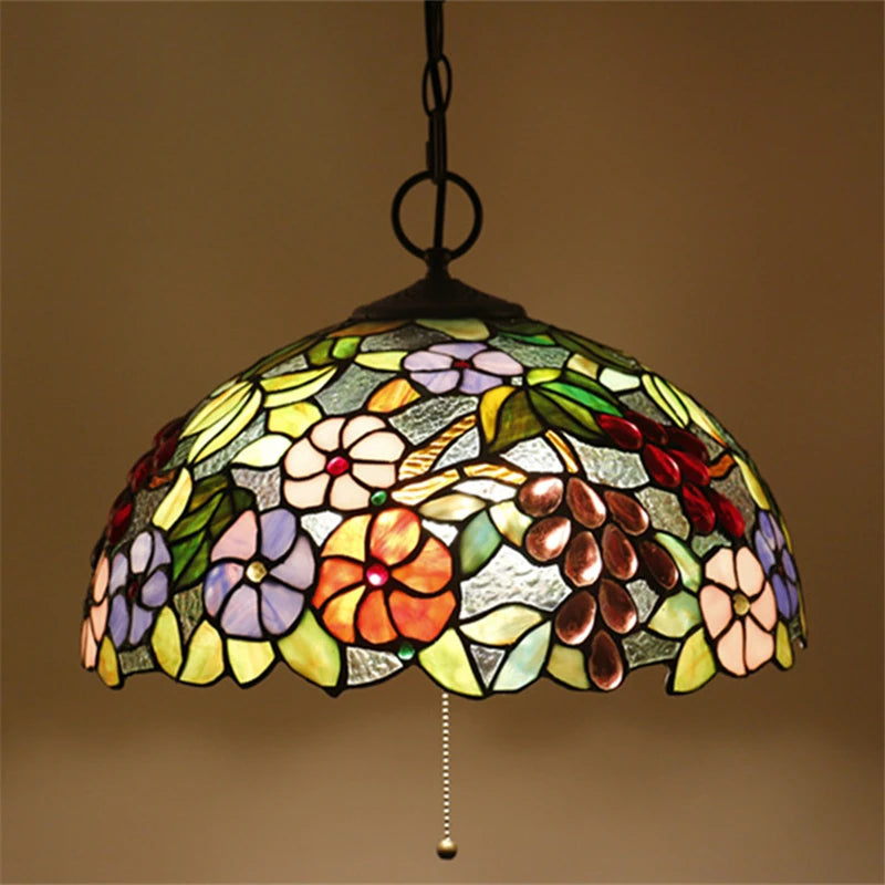 Stained Glass Tiffany Pendant Lamp - Grape Cherry Orchid  Hummingbird Design 16" Handcrafted Multi-Color Hanging Light Fixture