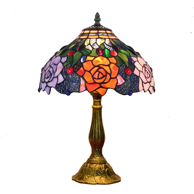 Elegant Flowers Triangle Tiffany Table Lamp | Stained Glass Bedside Lamp for Home, Restaurant &amp; Bar