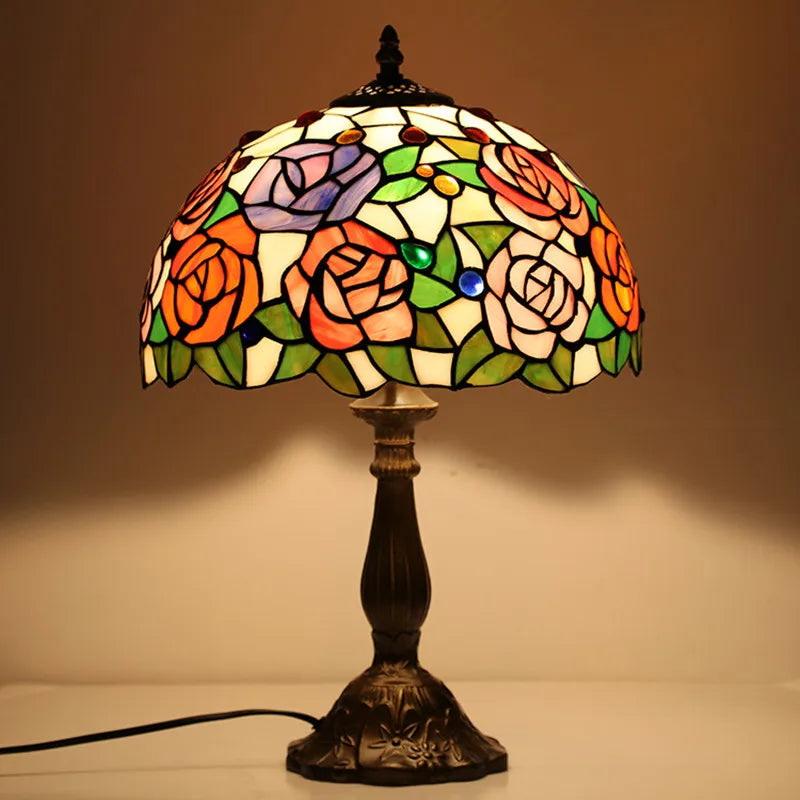 Elegant Rose Tiffany Table Lamp | Stained Glass Bedside Lamp for Home, Restaurant &amp; Bar