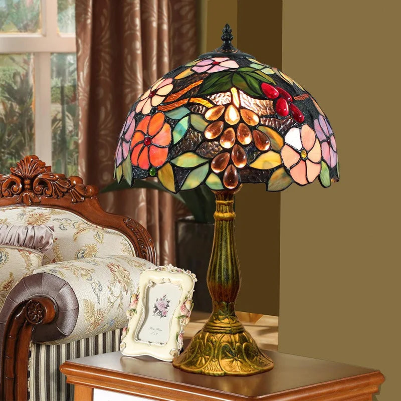 Elegant Grapes Flowers Tiffany Table Lamp | Stained Glass LED Bedside Lamp for Home, Restaurant & Bar