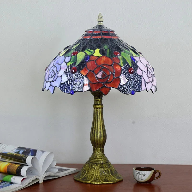 Elegant Flowers Triangle Tiffany Table Lamp | Stained Glass Bedside Lamp for Home, Restaurant &amp; Bar