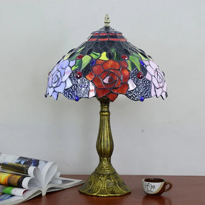 Elegant Flowers Triangle Tiffany Table Lamp | Stained Glass Bedside Lamp for Home, Restaurant &amp; Bar