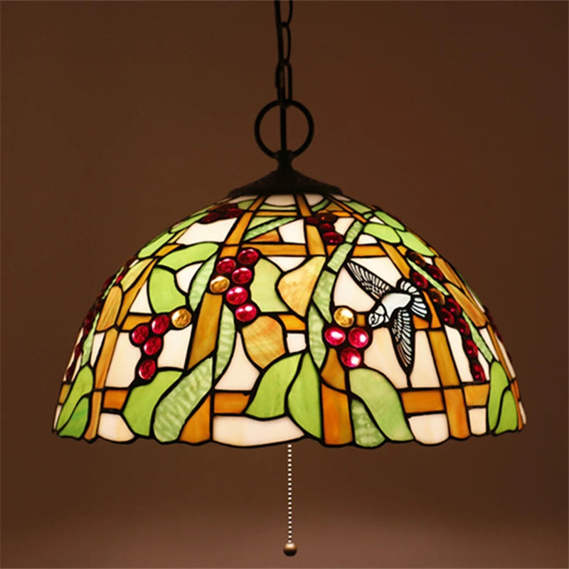 Stained Glass Tiffany Pendant Lamp - Grape Cherry Orchid  Hummingbird Design 16" Handcrafted Multi-Color Hanging Light Fixture