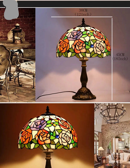 Elegant Rose Tiffany Table Lamp | Stained Glass Bedside Lamp for Home, Restaurant &amp; Bar