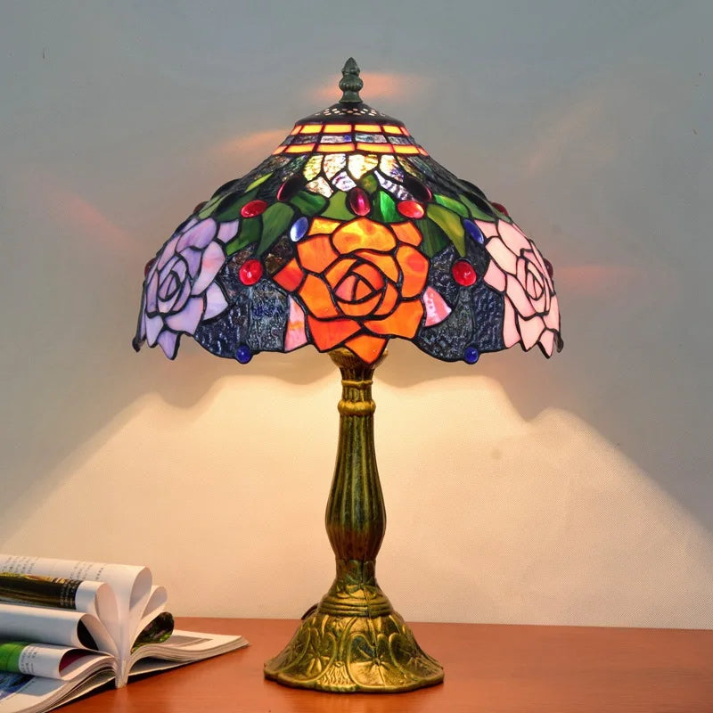 Elegant Flowers Triangle Tiffany Table Lamp | Stained Glass Bedside Lamp for Home, Restaurant &amp; Bar