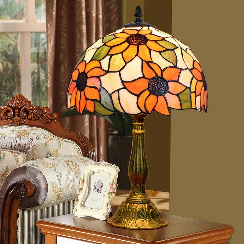 Tiffany Stained Glass Large Sunflower Lamp | Mediterranean Style Nightstand &amp; Desk Light