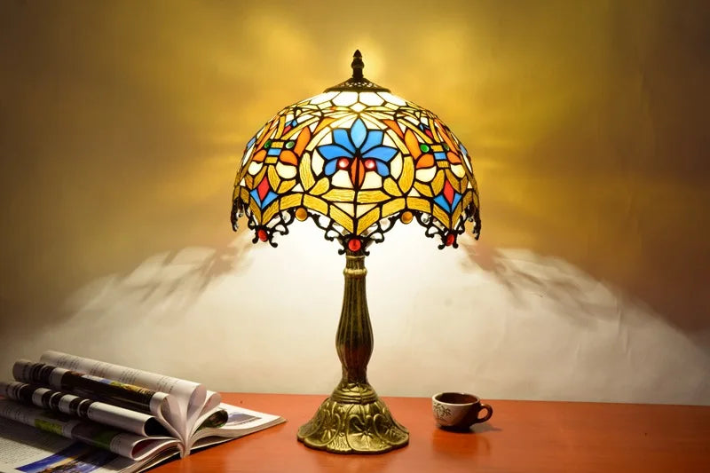 Tiffany Table Lamp Dragon Tail Red Baroque | Dia 12&quot; Stained Glass Bedside Lamp for Home, Restaurant &amp; Bar