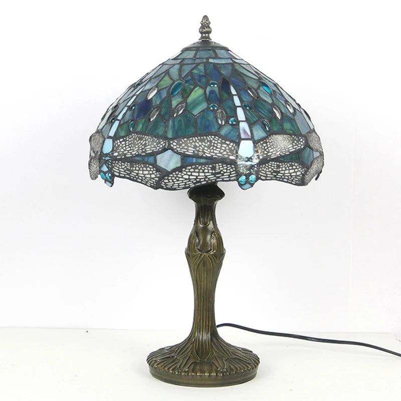 Mediterranean Style Tiffany Bedside Lamp | Stained Glass Dragonfly Green Table Light | 12 Inch Blue Handcrafted