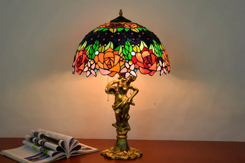 Elegant Tiffany Stained Glass Red Roses Flower Lamp | Mediterranean Style Nightstand &amp; Desk Light