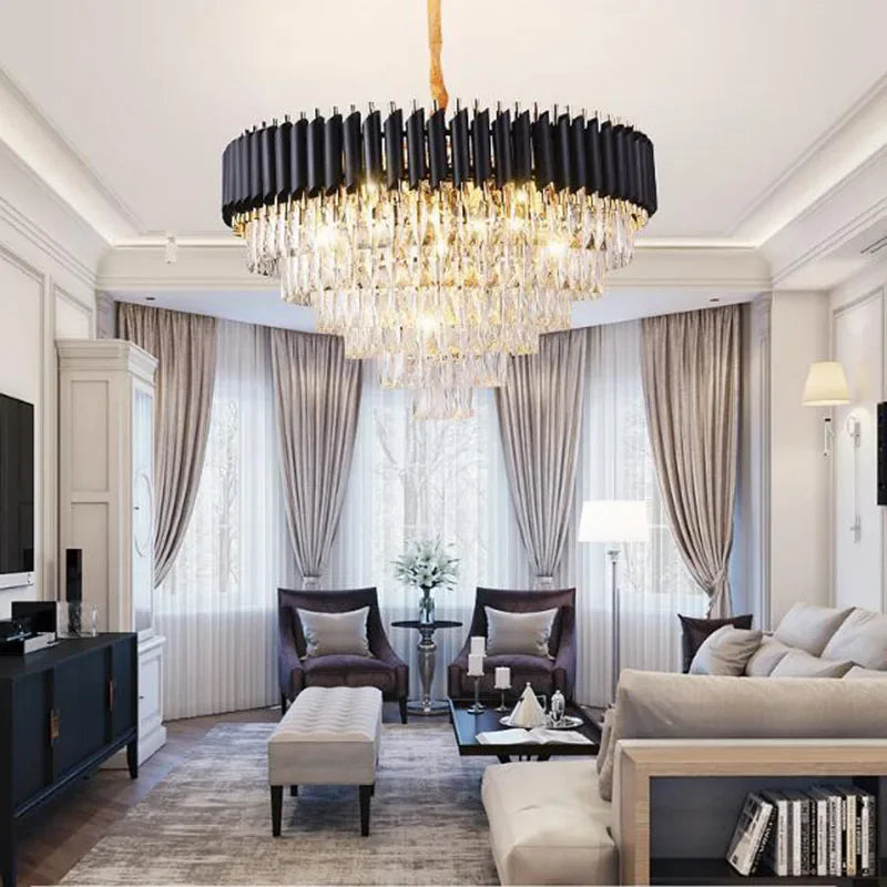 Modern Gold/Black Luxury Crystal Chandeliers LED Pendant /Ceiling Light Fixture for Living Room Hotel Hall Decor Hanging Lamp