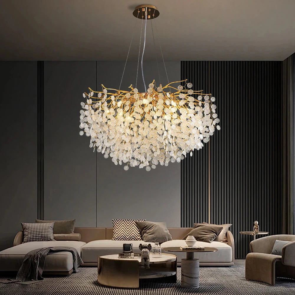 Artpad Modern Luxury Crystal Chandelier Gold Hanging Pendant Light Fixture for Kitchen Island Living Room