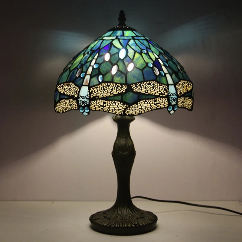 Mediterranean Style Tiffany Bedside Lamp | Stained Glass Dragonfly Green Table Light | 12 Inch Blue Handcrafted