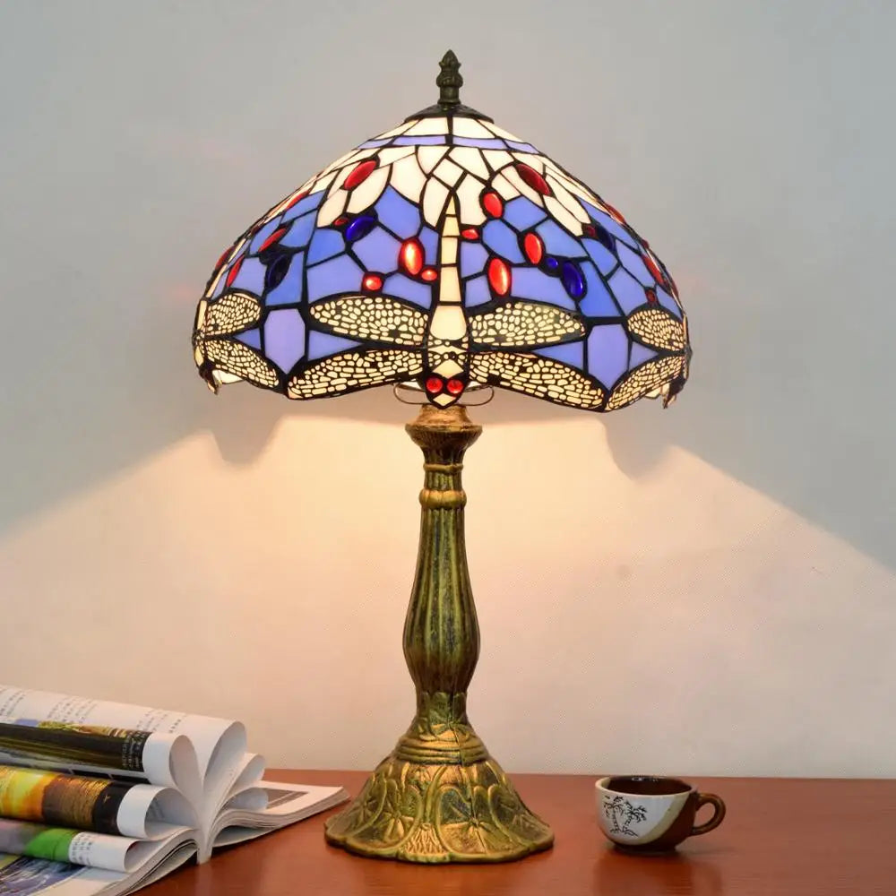 Mediterranean Style Tiffany Bedside Lamp | Stained Glass Dragonfly Blue Table Light | 12 Inch Blue Handcrafted