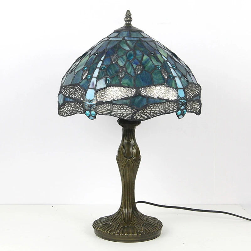 Mediterranean Style Tiffany Bedside Lamp | Stained Glass Dragonfly Green Table Light | 12 Inch Blue Handcrafted