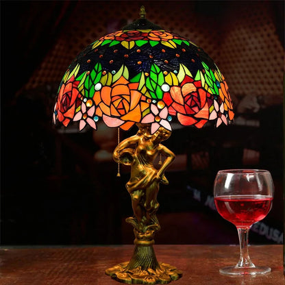 Elegant Tiffany Stained Glass Red Roses Flower Lamp | Mediterranean Style Nightstand &amp; Desk Light