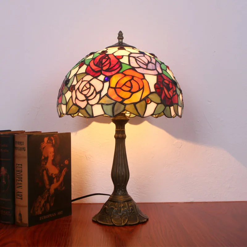 Elegant Red Roses Tiffany Table Lamp | Stained Glass Bedside Lamp for Home, Restaurant &amp; Bar