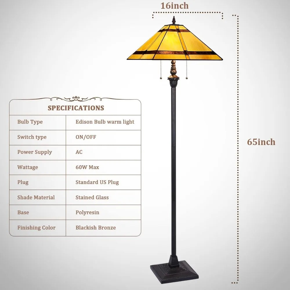 Floor Lamp with With 2 Light Sockets and Pull Chains, Stained Glass Mission Style, 16X16X65 Inches Standing Lamp