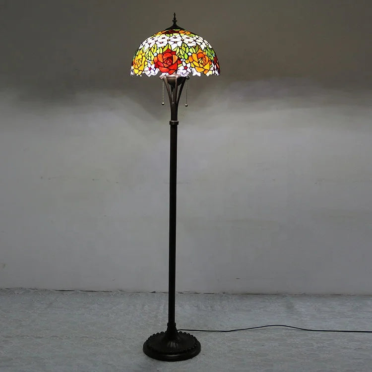 Tiffany Style LED Floor Lamp with Red Stained Glass Rose Shade  63-Inch Tall Standing Reading Light