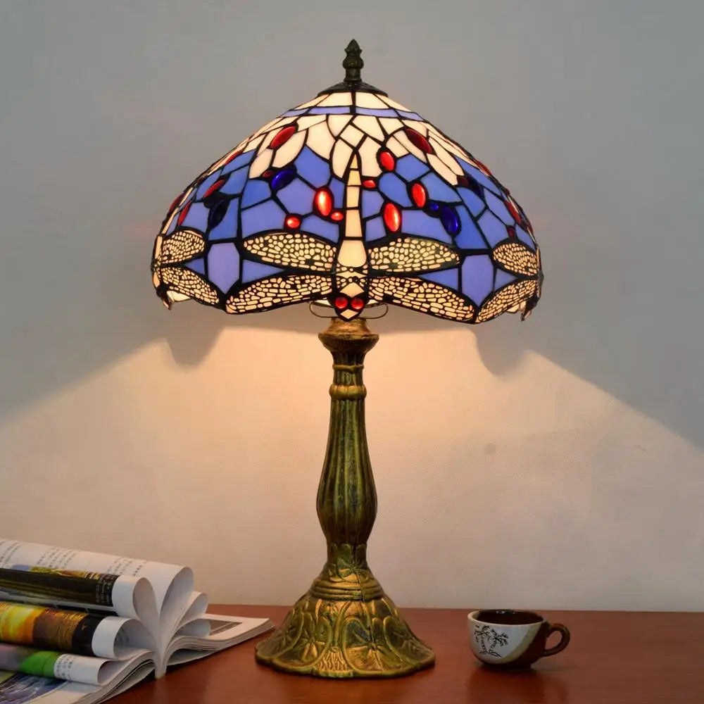 Mediterranean Style Tiffany Bedside Lamp | Stained Glass Dragonfly Blue Table Light | 12 Inch Blue Handcrafted