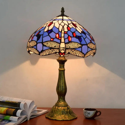 Mediterranean Style Tiffany Bedside Lamp | Stained Glass Dragonfly Blue Table Light | 12 Inch Blue Handcrafted