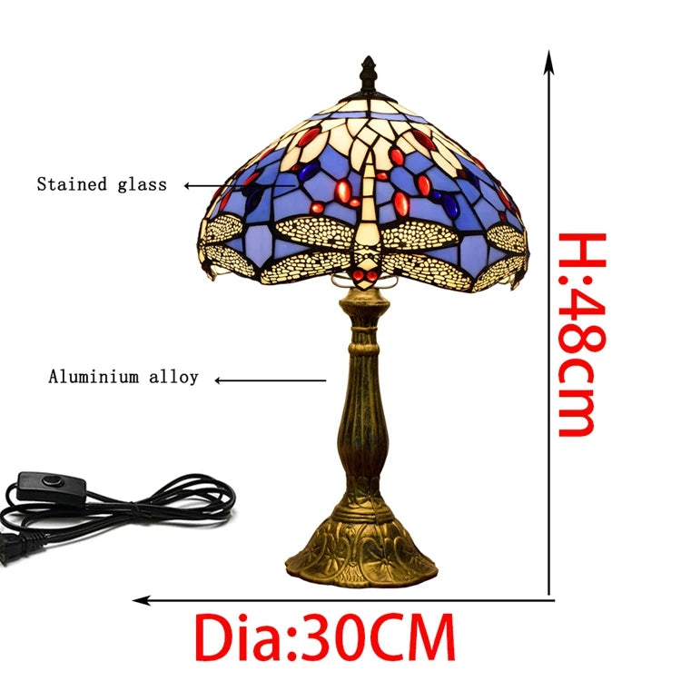 Mediterranean Style Tiffany Bedside Lamp | Stained Glass Dragonfly Blue Table Light | 12 Inch Blue Handcrafted