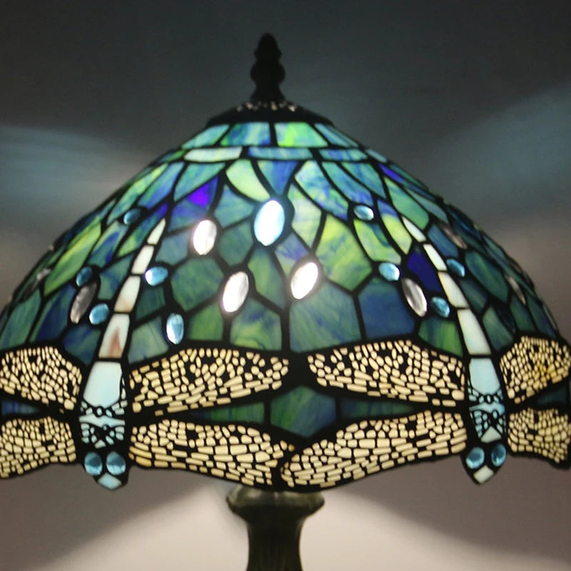 Mediterranean Style Tiffany Bedside Lamp | Stained Glass Dragonfly Green Table Light | 12 Inch Blue Handcrafted