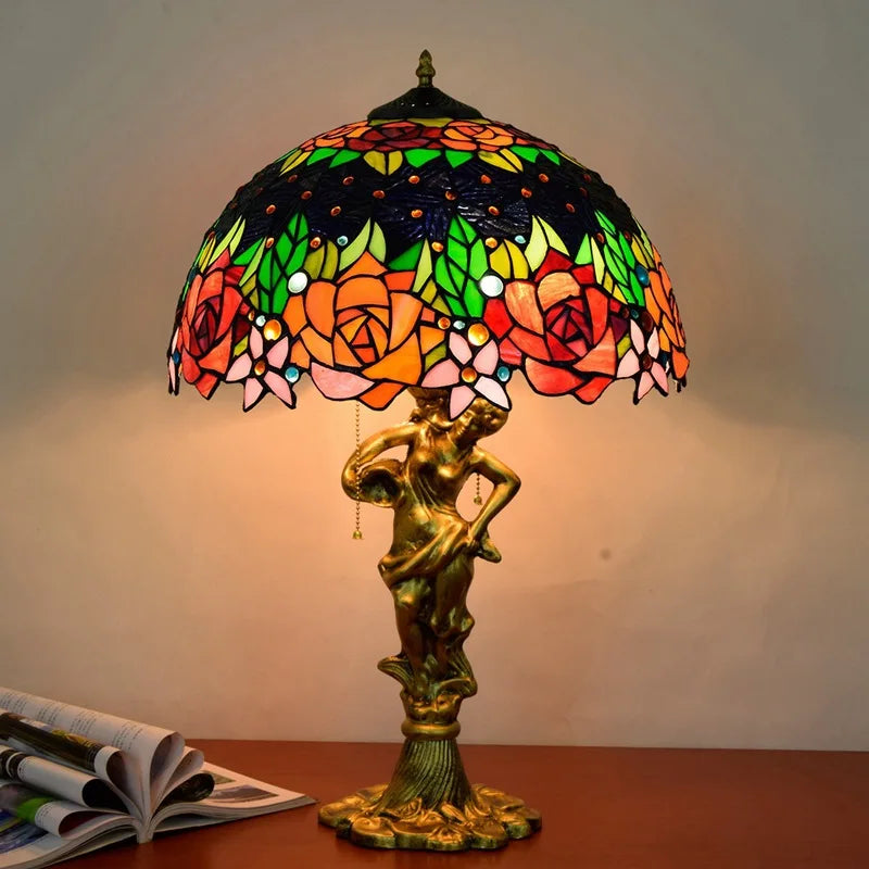 Tiffany Stained Glass Red Roses Table Lamp - Elegant Mediterranean-Style Nightstand Light for Bedrooms Hotels  Living Rooms