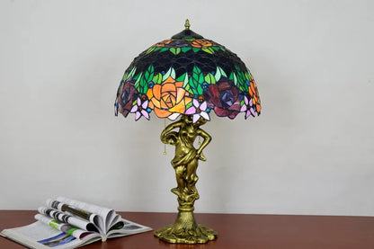 Elegant Tiffany Stained Glass Red Roses Flower Lamp | Mediterranean Style Nightstand &amp; Desk Light