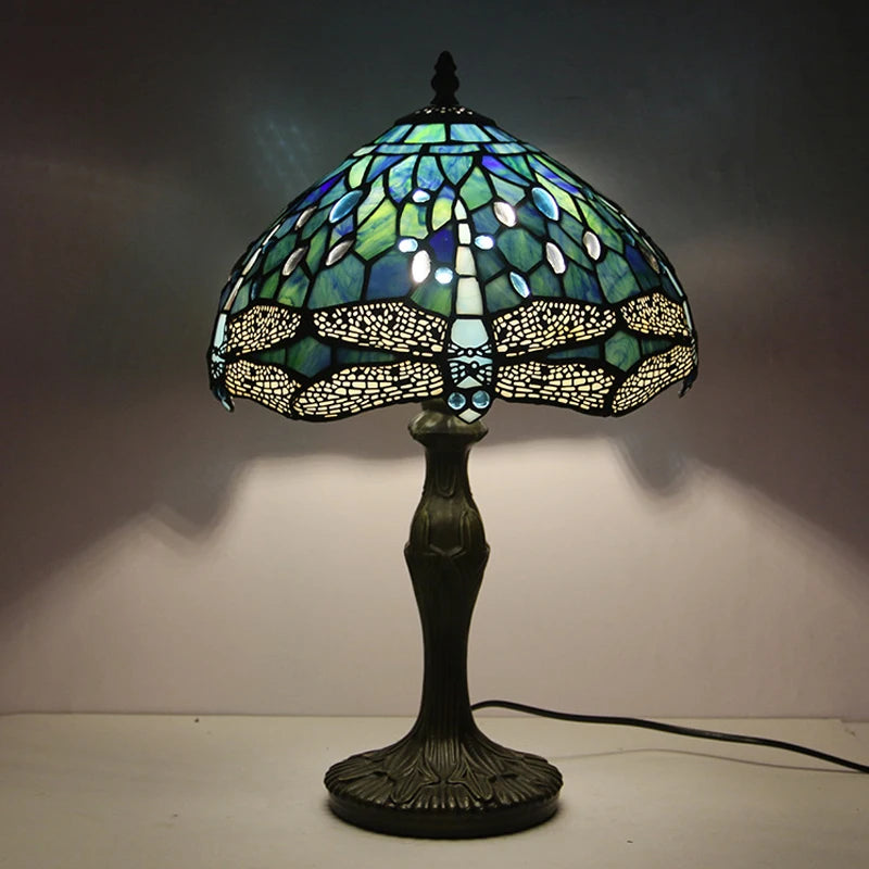 Mediterranean Style Tiffany Bedside Lamp | Stained Glass Dragonfly Green Table Light | 12 Inch Blue Handcrafted