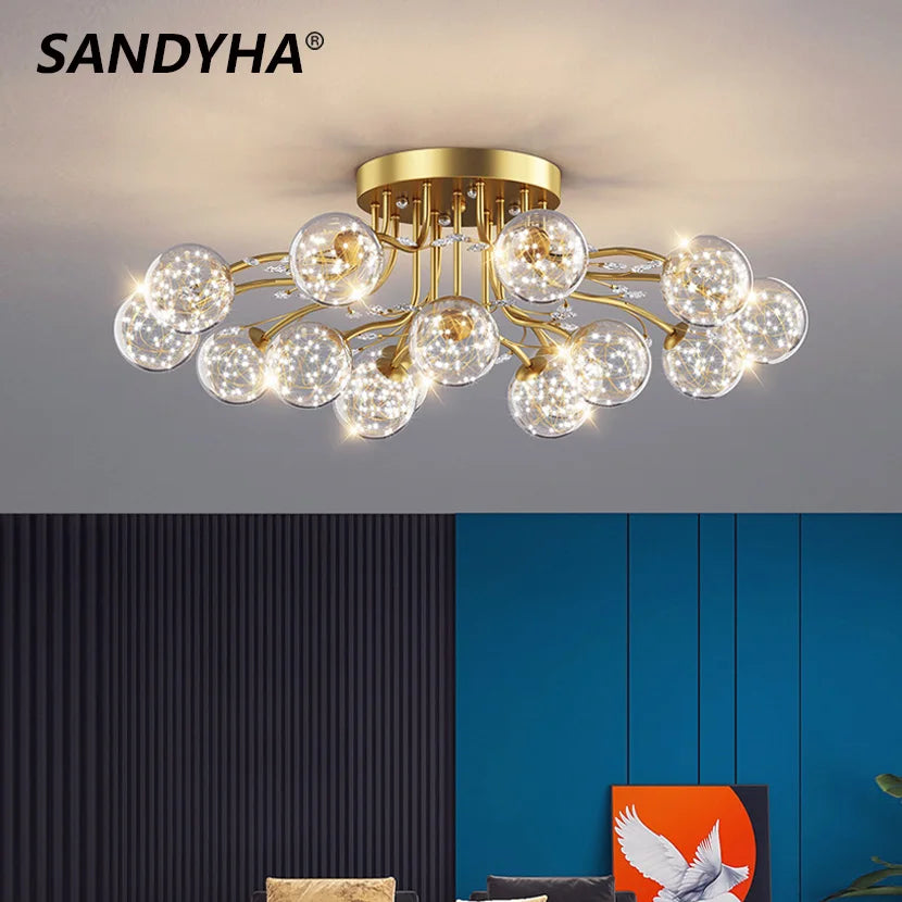 SANDYHA New LED Black Gold Chandeliers Clear Star Milk White Glass Ball Ceiling Lamp with Crystal Live Room Decor Pendant Lights