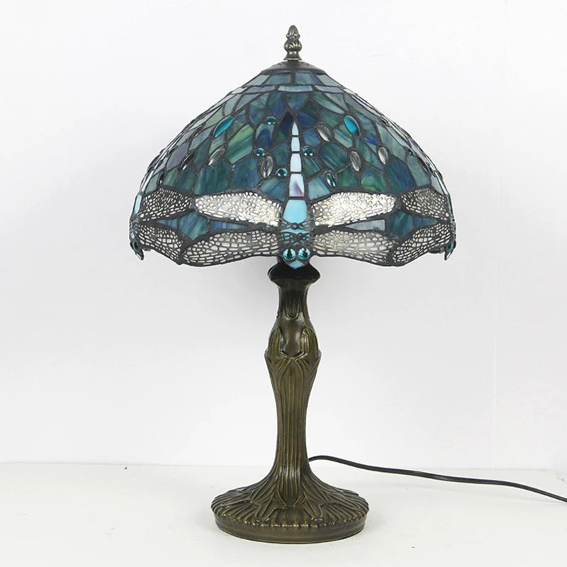 Mediterranean Style Tiffany Bedside Lamp | Stained Glass Dragonfly Green Table Light | 12 Inch Blue Handcrafted