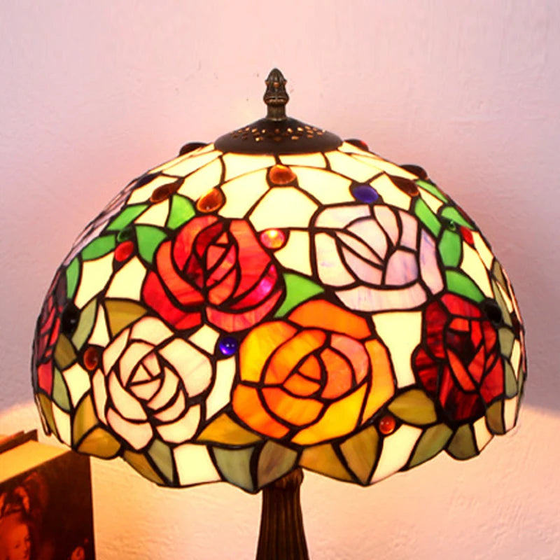 Elegant Red Roses Tiffany Table Lamp | Stained Glass Bedside Lamp for Home, Restaurant &amp; Bar