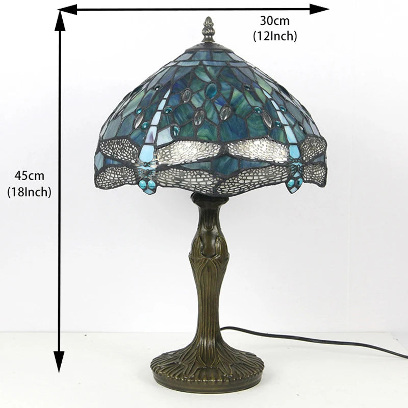 Mediterranean Style Tiffany Bedside Lamp | Stained Glass Dragonfly Green Table Light | 12 Inch Blue Handcrafted