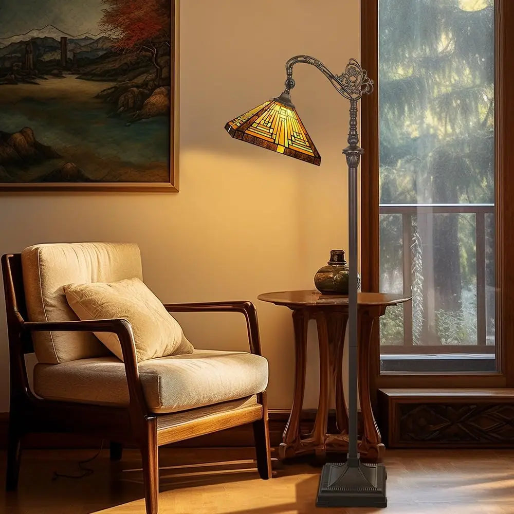 Antique Mission Style Floor Lamp with Adjustable Arched Arm  Stained Glass Shade for Soft Ambient Lighting