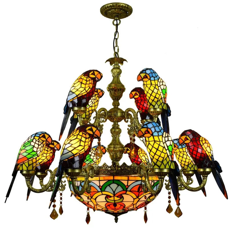 European creative retro art stained glass parrot chandelier bar restaurant living room bird lamp glass Tiffany chandelier