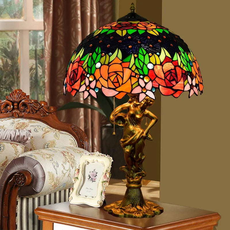 Elegant Tiffany Stained Glass Red Roses Flower Lamp | Mediterranean Style Nightstand &amp; Desk Light