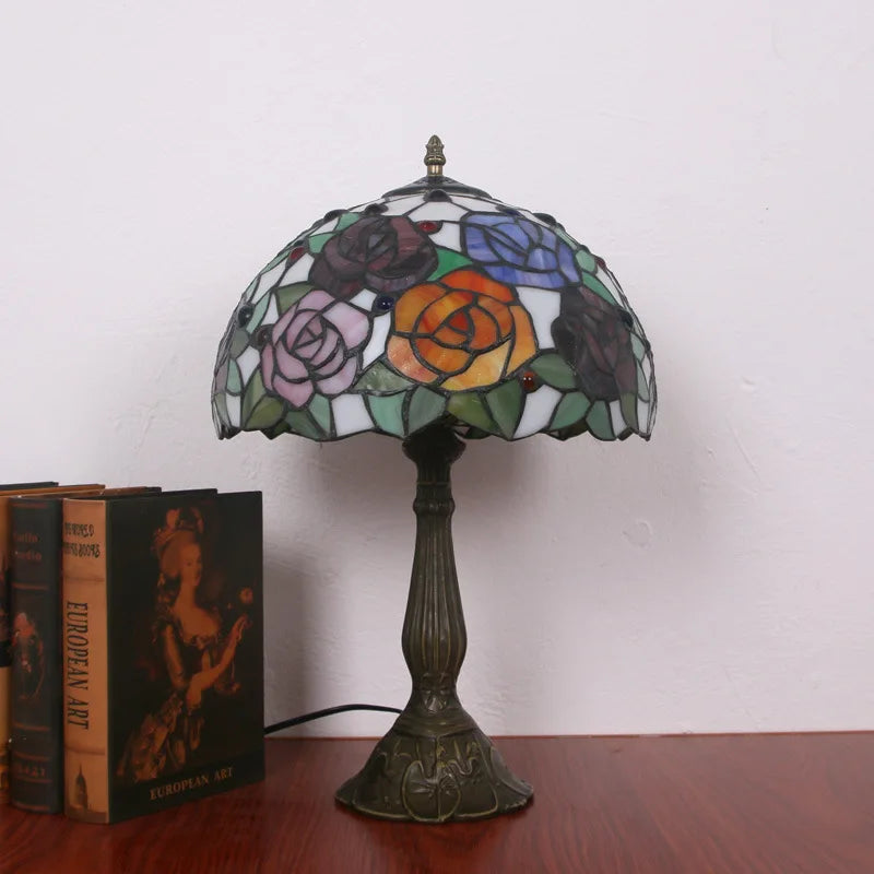 Elegant Red Roses Tiffany Table Lamp | Stained Glass Bedside Lamp for Home, Restaurant &amp; Bar