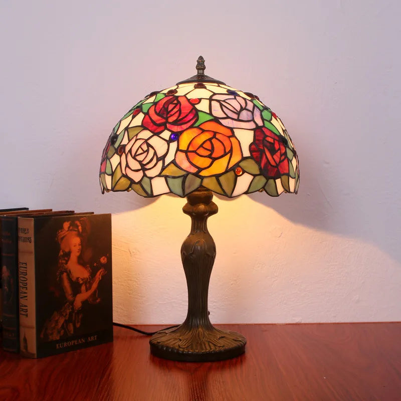 Elegant Red Roses Tiffany Table Lamp | Stained Glass Bedside Lamp for Home, Restaurant &amp; Bar