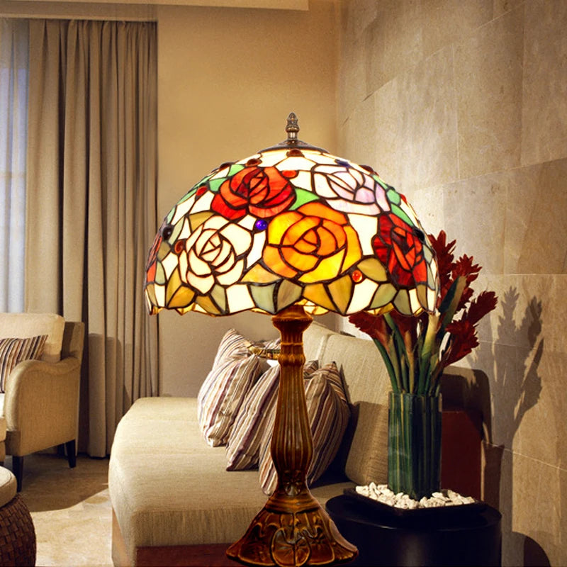 Elegant Red Roses Tiffany Table Lamp | Stained Glass Bedside Lamp for Home, Restaurant &amp; Bar