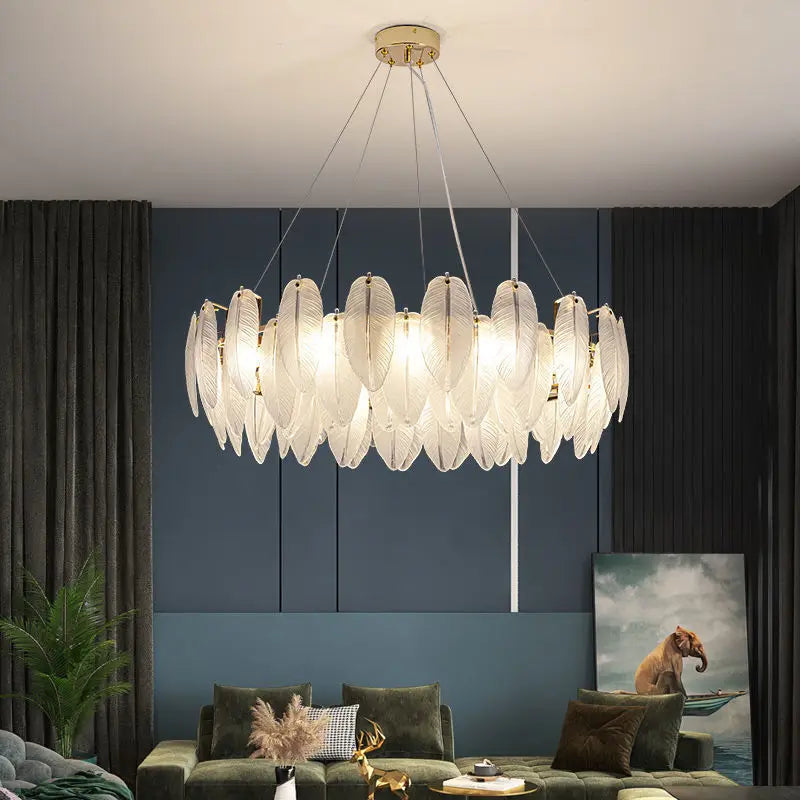 Feather Glass and Gold Metal Modern Luxury Pendant Light - Chic Chandelier for Living Room and Bedroom Décor
