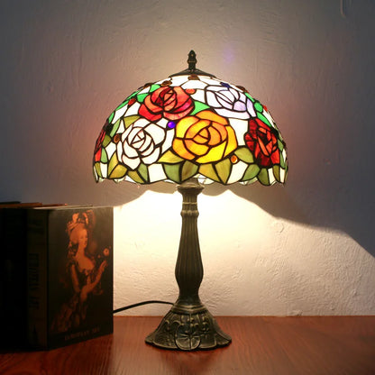 Elegant Red Roses Tiffany Table Lamp | Stained Glass Bedside Lamp for Home, Restaurant &amp; Bar