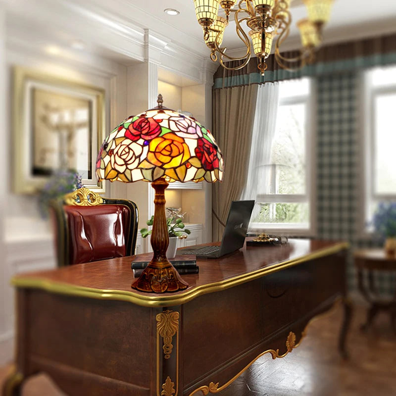 Elegant Red Roses Tiffany Table Lamp | Stained Glass Bedside Lamp for Home, Restaurant &amp; Bar