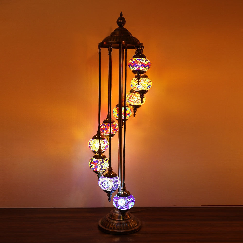 Floor Lamp 9 Large Globes, Turkish Moroccan Style Mosaic Multicolored Lights