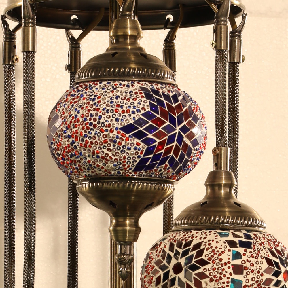 Australian Plug - Aussie Seller, Floor Lamp 9 Large Globes, Turkish Moroccan Style Mosaic Multicolored Lights