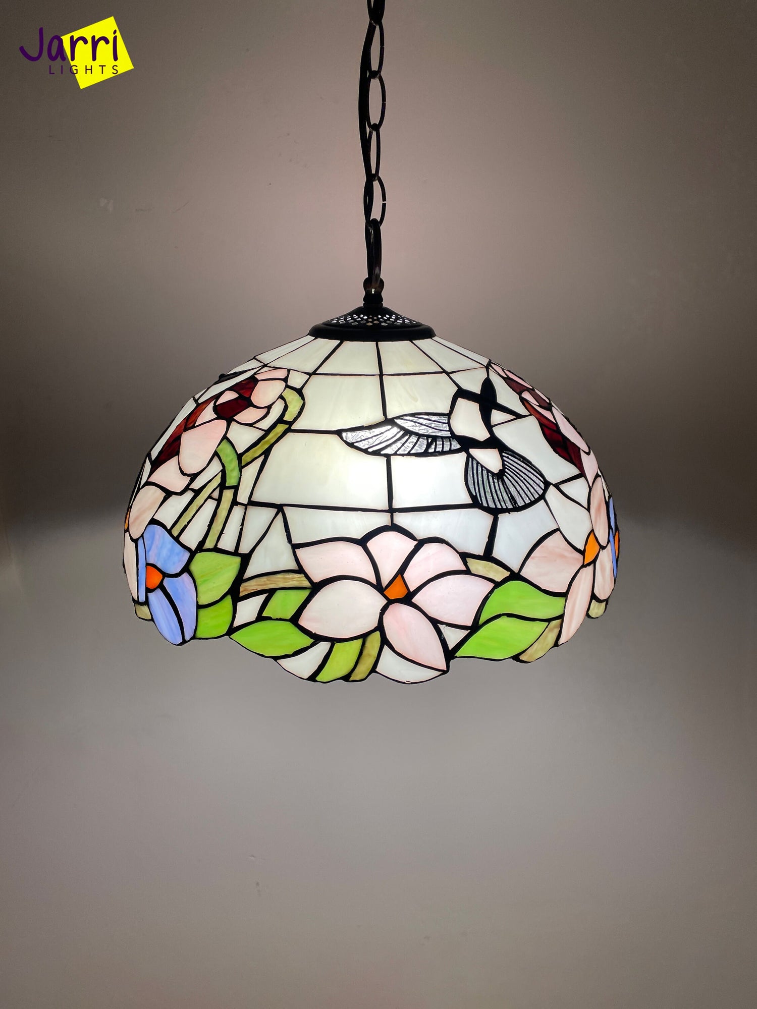 Tiffany Hanging Lamp 16in, Humming Bird Leadglass Stained Glass Crystal Bead Lampshade, Chandelier, Pendant Light, Dining Kitchen Lamp
