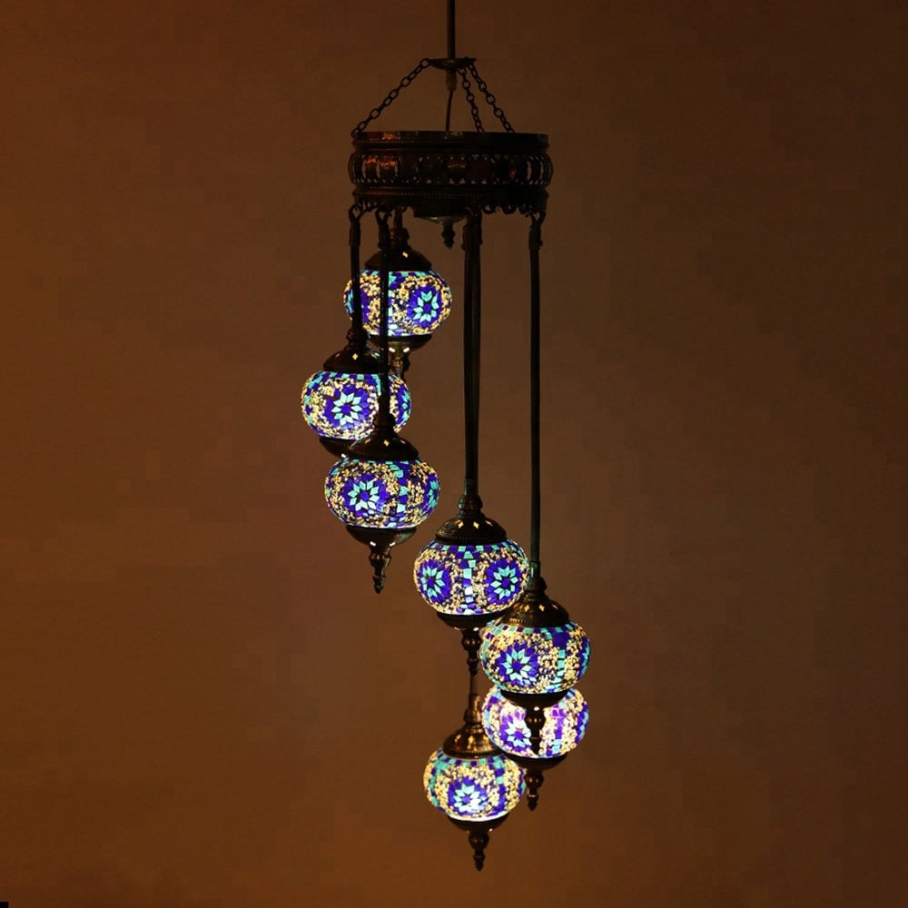 Chandelier Helical 7 Globes Turkish Moroccan Style Mosaic Multicolored Light